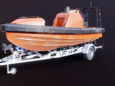 Used Boat Trailer and Rescue Motorboat 3D model