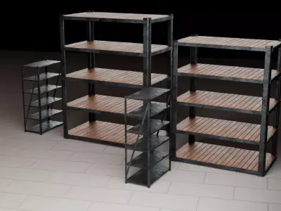 Industrial Metal Wood Shelving Set Low-poly 3D model