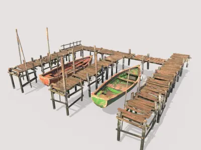 Wooden Pier With Fishing Boats 3D model