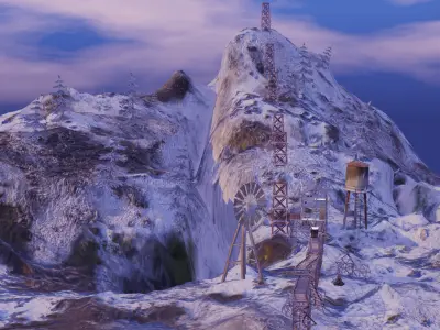 Abandoned Industrial Scene in the Mountains Low-poly 3D model