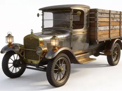 Vintage Industrial Steampunk Flatbed Truck 3D Model Low-poly 3D model