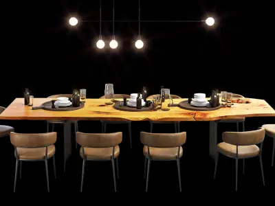 Urban hardwoods dining slab table with tableware 3D model