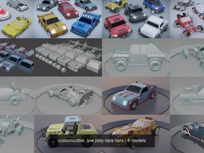customizable  low poly race cars 3D Model Pack