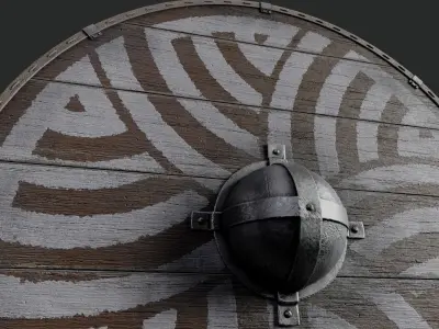 Slavic round wooden shield-painted with nordic symbol Low-poly 3D model