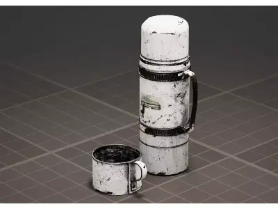 Retro old White Insulated Metal Thermos Flask Mug Set Low-poly 3D model