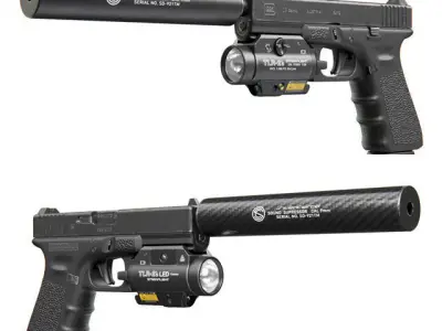 Pistol Glock 17 Gen4 with Flashlight and Silencer 3D model