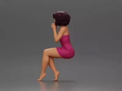 Woman in Pink Dress Sitting with Hands on Chin 3D print model