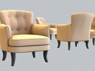 Vintage Chair Tan Linen Upholstery Wrought Iron Legs 3D model