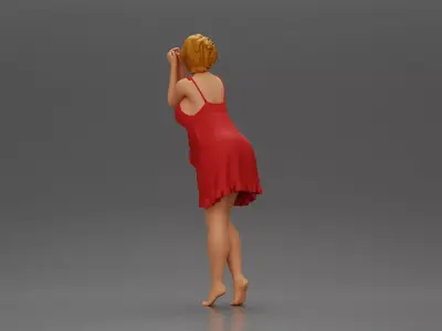 Barefoot woman in red nighty dress strikes graceful elegant pose 3D print model