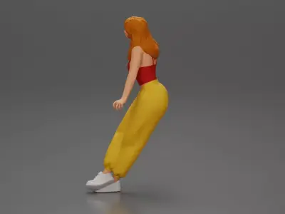 Woman sitting on car in red top yellow pants striking playful 3D print model