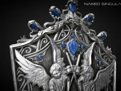 Twins Angels Shield Medieval dark fantasy Low-poly 3D model