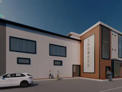 3D Showroom building with cars parked Low-poly 3D model