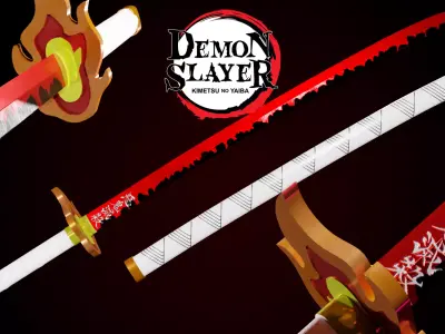 Kyojuro Rengoku Red-Orange Sword Low-poly 3D model