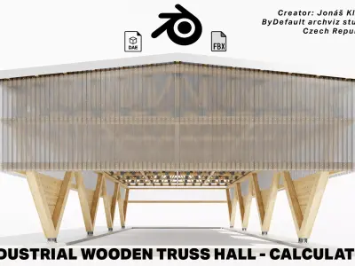 Industrial wooden truss hall - calculated 3D model