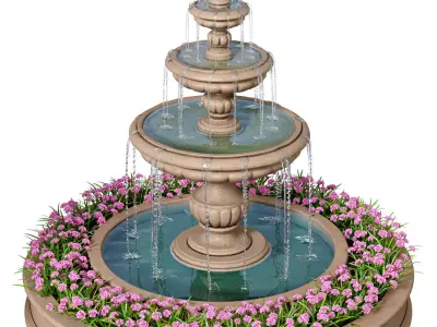 Classic garden travertine outdoor Fountain with flower bed 3D model