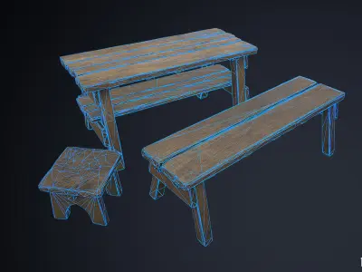 Rustic Wooden Trestle Work Table Stool and Bench Low-poly 3D model