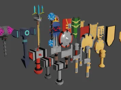Low poly weapon and shield pack Low-poly 3D model