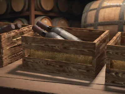 Rustic Wine Case with Two Old Bottle Bordeaux and Hay 3D model