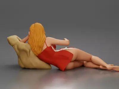 Woman lounges pillow watching holding remote wearing slip dress 3D print model