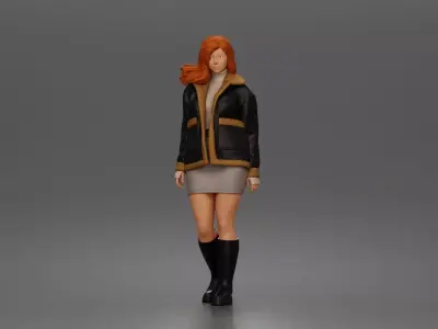 Stylish woman walking confidently in coat skirt and tall boots 3D print model