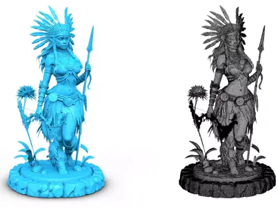 Native american warrior woman on stand with bow high poly 3D model