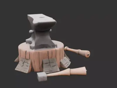 Medieval Blacksmith Anvil with Tools Low-poly 3D model