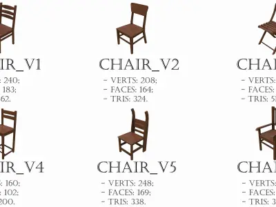 Pack of 6 Medieval Wooden Chairs Low-poly 3D model