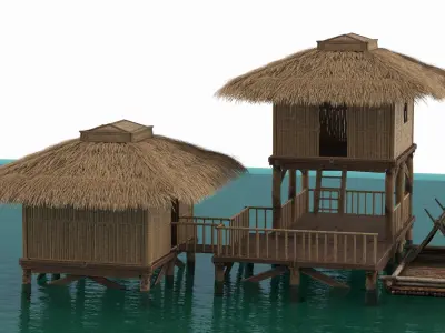 Overwater Bamboo Huts with Connecting Deck and Raft 3D model