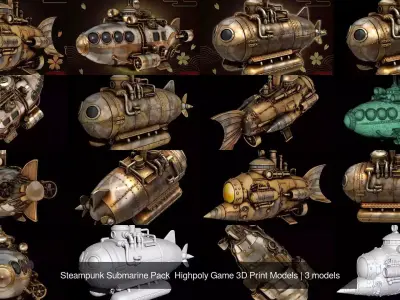 Steampunk Submarine Pack  Highpoly Game 3D Print Models