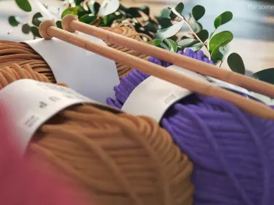 Mockup Wool Yarn Pair with Knitting Needles Fur 3D model