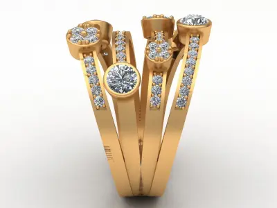 4 Row Fashion Diamond Gold Ring 3D print model