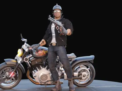 Biker on motorcycle with shotgun 3D model