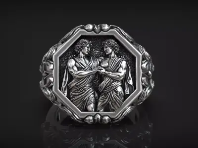 Gemini Zodiac Sign Ring Antique Sculpture Signet 3D print model