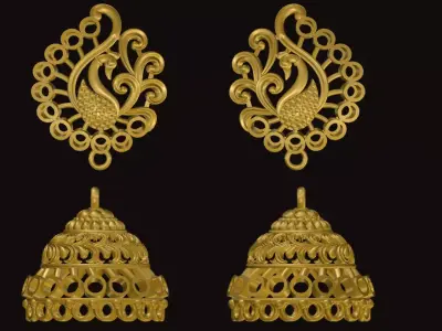 jumka gold plated peacock earrings 3D print model