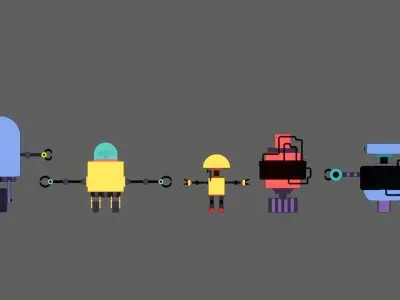 5 stylized robots for animations rigged 3D model