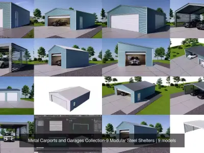 Metal Carports and Garages Collection-9 Modular Steel Shelters 3D Model Pack