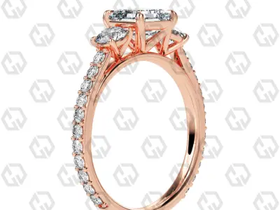 Ring 121 Asscher cathedral pave set shank 3 stone ring  3D print model