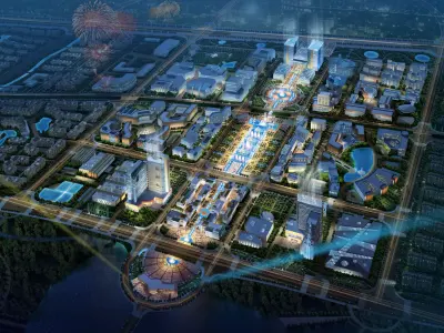 Architecture city at night with fireworks 3D model