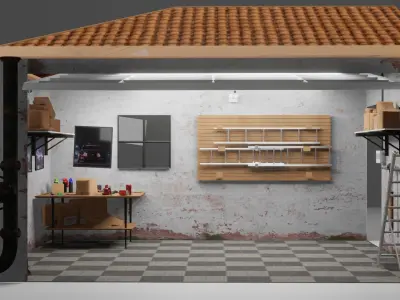 GARAGE WITH A RIGGED CAR Free low-poly 3D model