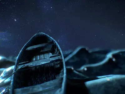 Adrift boat floating in water under starry sky Low-poly 3D model