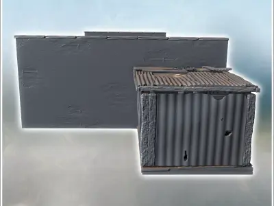 Long industrial shed with exposed beams corrugated walls and mul 3D print model