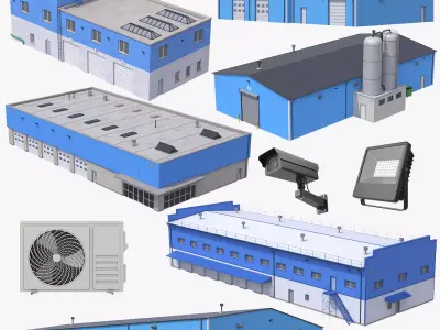 6 Blue Industrial Buildings Collection 3D Model Pack