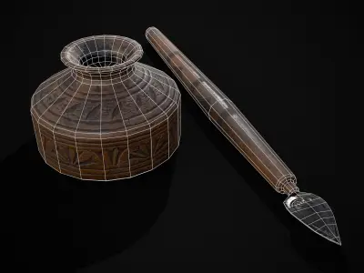 Elegant Wooden Inkpot Pen Low-poly 3D model