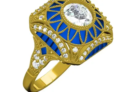 Antique Blue Sapphire Stone Art Deco Inspired Engagement Ring 3D print model