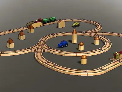 Railroad with train and houses 3D print model