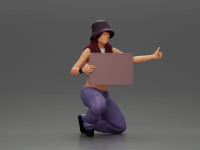 Girl wearing hat and pants sitting holding sign and hitchhiking 3D print model