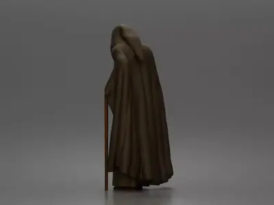 Wandering sage leans on staff wearing hooded cloak and robe 3D print model