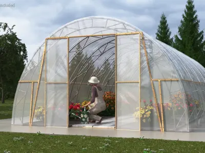 Flowers Greenhouse Tent with Gardener 3D model