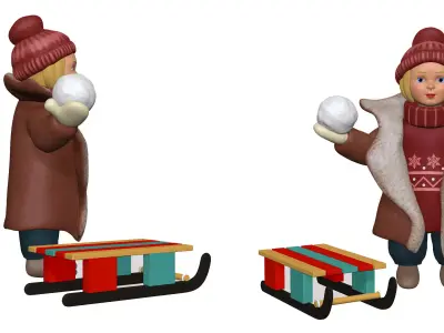 001318 blonde small girl with a snowball and sled 3D model