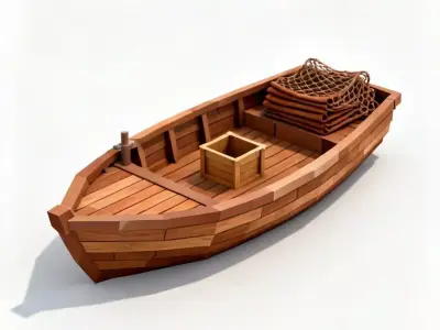 Stylized Wooden Fishing Boat 3D Model Low Poly Asset Low-poly 3D model